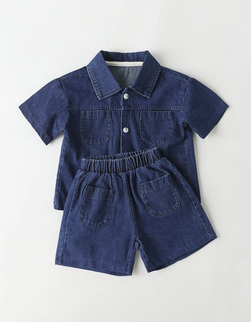 Load image into Gallery viewer, Baby Solid Color Butoon Front Denim Shirt Combo Shorts Sets In Summer by MyKids-USA™
