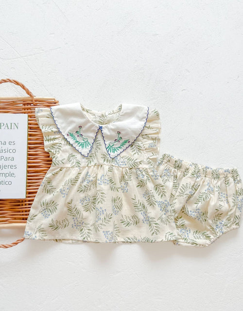 Load image into Gallery viewer, Baby Girl Floral Print Pattern Embroidered Lapel Sleeveless Tops Combo Shorts Two-Piece Sets by MyKids-USA™
