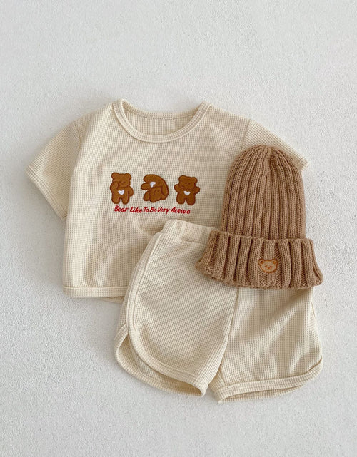 Load image into Gallery viewer, Baby Bear Embroidered Pattern Waffle Fabric T-Shirt Combo Shorts Sets by MyKids-USA™
