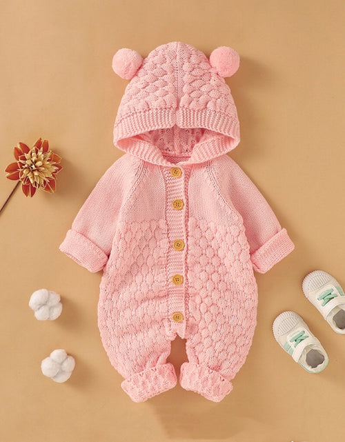 Load image into Gallery viewer, Baby 1pcs Cable Knitted Graphic Button Front Design Rompers With Hairball Patched Hat by MyKids-USA™
