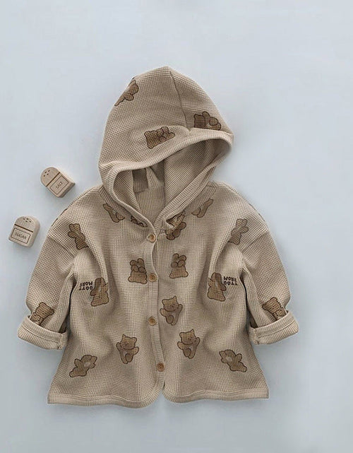 Load image into Gallery viewer, Baby Waffle Fabric Cartoon Bear Print Single Breasted Design Cardigan With Hat by MyKids-USA™
