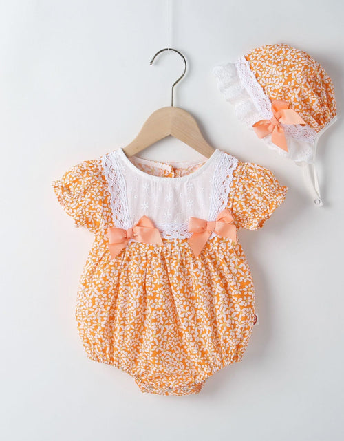 Load image into Gallery viewer, Baby Girl Floral Pattern Lace Patchwork Round Collar Short-Sleeved Colorful Cotton Onesies With Hat by MyKids-USA™
