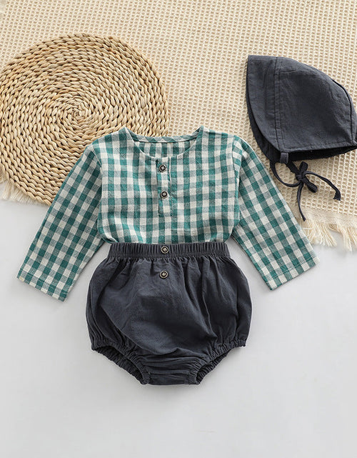 Load image into Gallery viewer, Baby Plaid Graphic Tops And Solid Shorts With Hat 1Pieces Sets by MyKids-USA™
