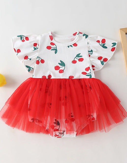 Load image into Gallery viewer, Baby Girl Cherry Print Pattern Mesh Patchwork Design Round-Collar Short-Sleeved Summer Dress Onesies by MyKids-USA™
