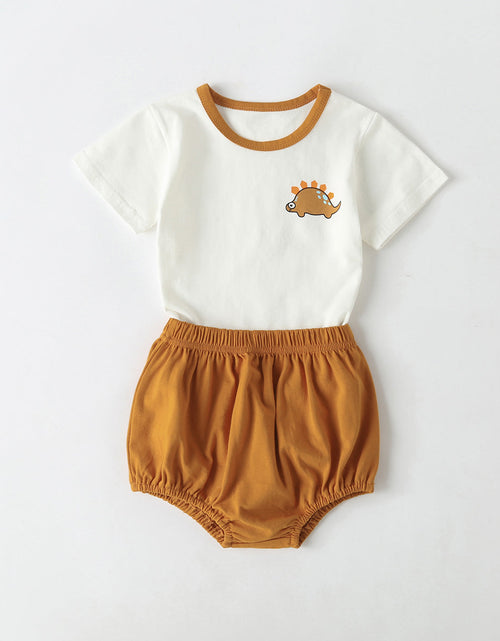 Load image into Gallery viewer, Baby Cartoon Dinosaur Pattern Contrast Neck Tee Combo Solid Shorts Sets by MyKids-USA™
