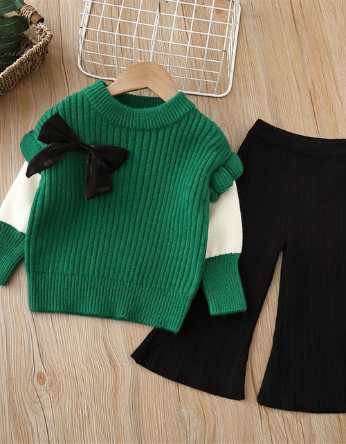 Load image into Gallery viewer, Baby Solid Color Bow Patched Sweater With Pants Sets by MyKids-USA™
