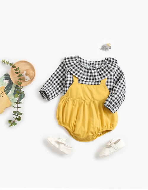 Load image into Gallery viewer, Baby Girl 1pcs Plaid Pattern False 2-Piece Design Ruffle Neck Onesies by MyKids-USA™
