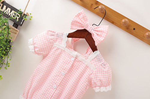 Load image into Gallery viewer, Baby Girl Plaid Pattern Lace Patchwork Design Bubble Short-Sleeved Onesies With Buttons by MyKids-USA™

