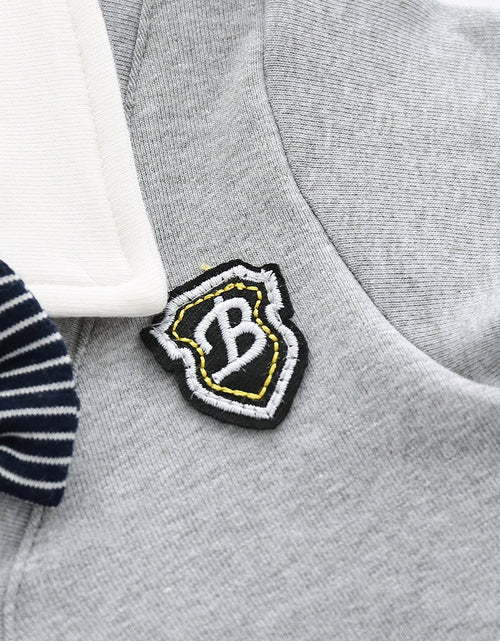 Load image into Gallery viewer, Baby Boy Badge Patched Pattern Striped Contrast Design Snap Button Front Bow Tie Rompers by MyKids-USA™
