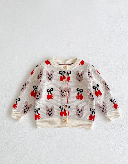 Load image into Gallery viewer, Baby Girl 1pcs Allover Cartoon Bear &amp; Cherry Embroidered Graphic Bodysuit &amp; Cardigan Knitted Sets by MyKids-USA™
