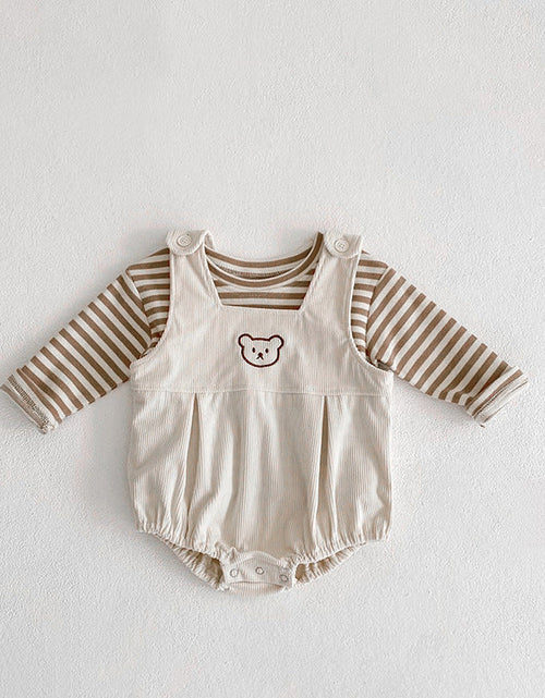 Load image into Gallery viewer, Baby Striped Shirt Combo Corduroy Fabric Cartoon Bear Embroidered Vest Bodysuit 2 Pieces Sets by MyKids-USA™
