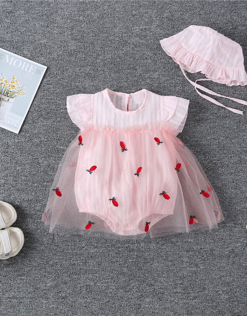 Load image into Gallery viewer, Baby Girl 1pcs Solid Color Pineapple Embroidered Mesh Overlay Flounce Sleeves Onesies Dress by MyKids-USA™
