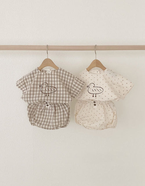 Load image into Gallery viewer, Baby Girl Plaid Polka Dot Pattern Duckling Print Short Sleeved Top Combo Pants Sets by MyKids-USA™
