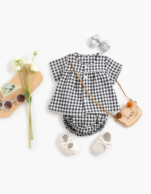 Load image into Gallery viewer, Baby Girl Plaid Pattern Single Breasted Design Shirt Combo Shorts Sets by MyKids-USA™
