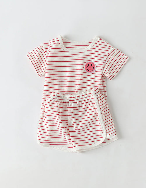 Load image into Gallery viewer, Baby Smiley Patched Pattern Striped Graphic Tee Combo Shorts Sets by MyKids-USA™
