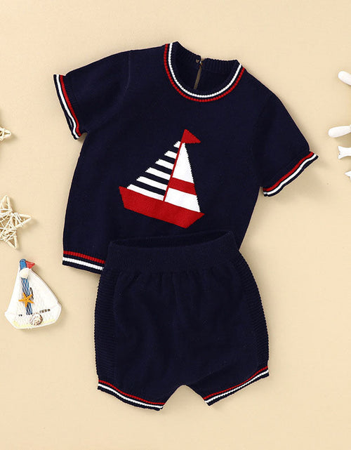 Load image into Gallery viewer, Baby Boy Embroidered Graphic Striped Neck &amp; Sleeve Design Tee Combo Shorts Sailor Style Sets by MyKids-USA™
