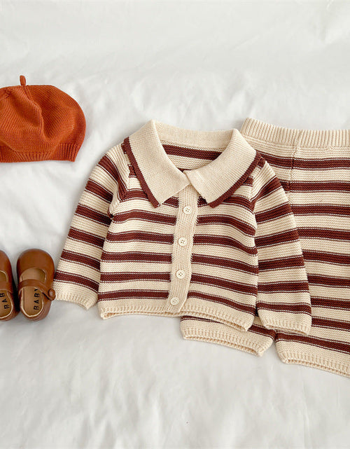 Load image into Gallery viewer, Baby Striped Pattern Lapel Knitted Cardigan With Pants Sets by MyKids-USA™
