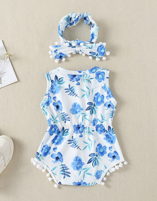 Load image into Gallery viewer, Baby Girl Printed Patterns Lace Design Sleeveless Onesie With Headband by MyKids-USA™
