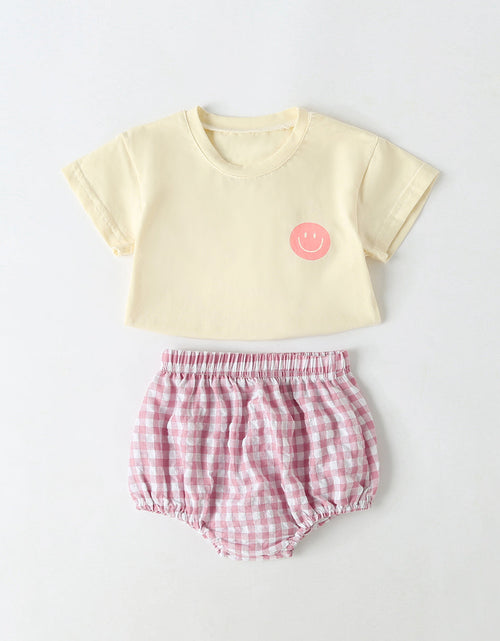 Load image into Gallery viewer, Baby Smiley Print Pattern Solid Tee Combo Plaid Pattern Triangle Shorts Sets by MyKids-USA™
