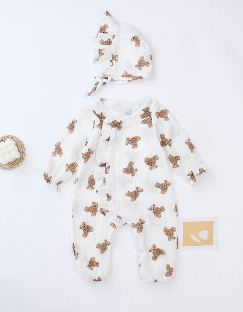 Load image into Gallery viewer, Baby Girls Bear Print Pattern Lace Design Round Collar Long-Sleeved Rompers With Hat by MyKids-USA™
