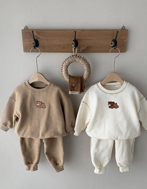 Load image into Gallery viewer, Baby Cartoon Bear Patched Graphic Hoodies Combo Solid Trousers Casual 2 Pieces Sets by MyKids-USA™
