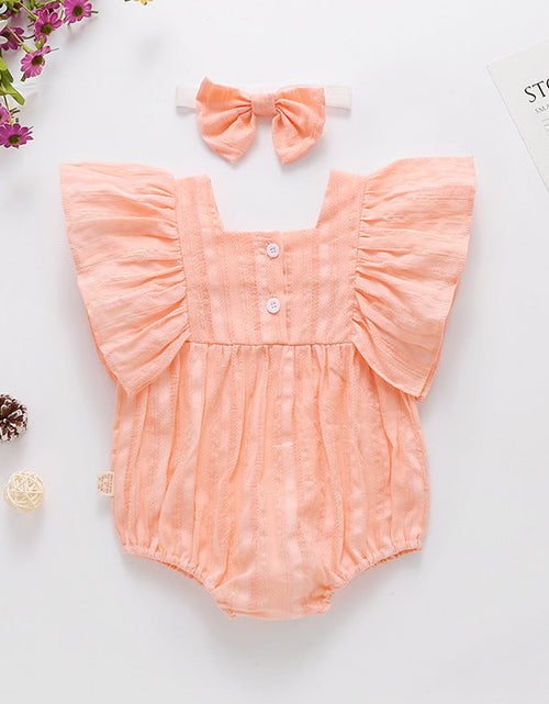 Load image into Gallery viewer, Baby Girl Solid Color Square Collar Design Short-Sleeved Onesies With Headband In Summer Outside Wearing by MyKids-USA™
