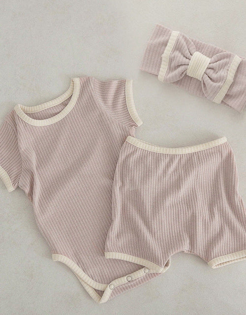 Load image into Gallery viewer, Baby Unisex Solid Color Comfy Cotton Onesies &amp; Shorts Sets With Headband by MyKids-USA™
