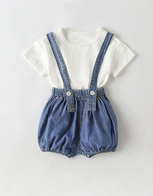 Load image into Gallery viewer, Baby Girl Solid Color Tee Combo Denim Strap Shorts 1-Piece Sets by MyKids-USA™
