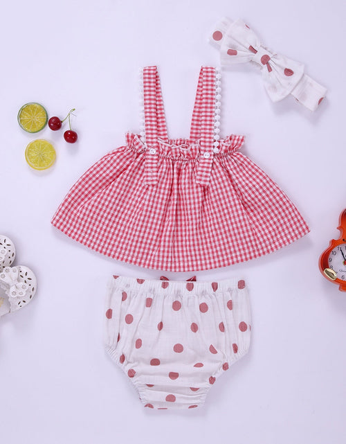 Load image into Gallery viewer, Baby Girl Plaid Pattern Sling Tops Combo Polka Dot Shorts With Handband Sets by MyKids-USA™
