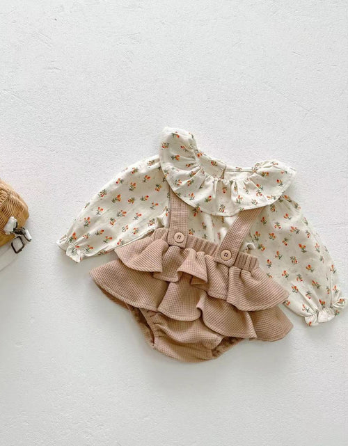 Load image into Gallery viewer, Baby Girl Floral Pattern Ruffle Neck Shirt Combo Corduroy Fabric Strap Dress Sets by MyKids-USA™
