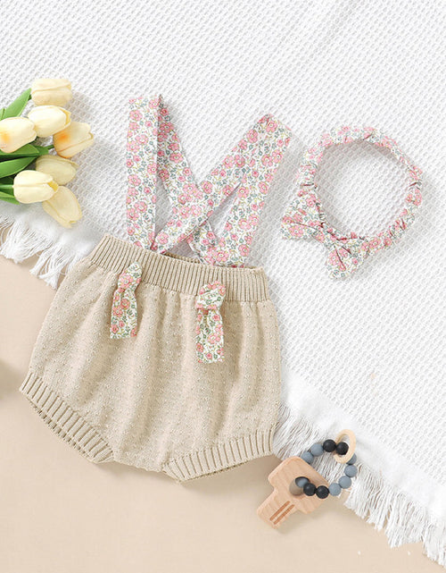 Load image into Gallery viewer, Baby Girl Ditsy Flower Sling Knitted Shorts Overalls With Headband by MyKids-USA™
