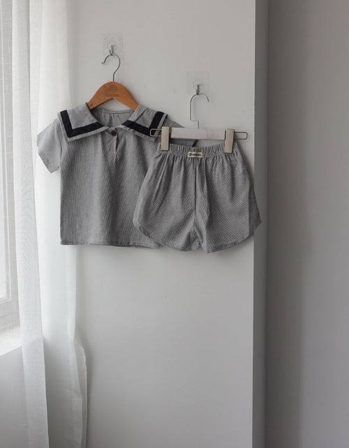 Load image into Gallery viewer, Baby Girl 1pc Contrast Tape Lapel Tops &amp; Shorts Navy Style College Sets by MyKids-USA™
