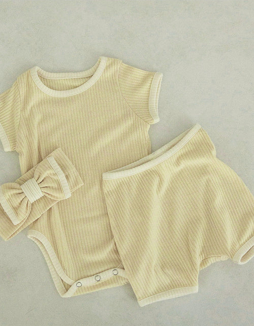 Load image into Gallery viewer, Baby Unisex Solid Color Comfy Cotton Onesies &amp; Shorts Sets With Headband by MyKids-USA™
