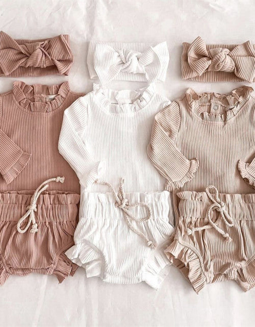 Load image into Gallery viewer, Baby Girl Wood Ear Design Solid Color Long-Sleeved Round Collar Tops Combo Shorts Cotton Sets by MyKids-USA™
