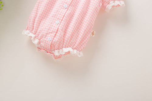 Load image into Gallery viewer, Baby Girl Plaid Pattern Lace Patchwork Design Bubble Short-Sleeved Onesies With Buttons by MyKids-USA™
