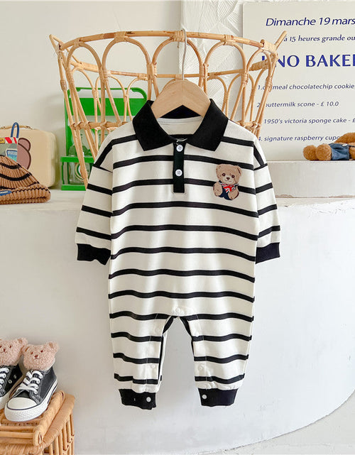 Load image into Gallery viewer, Baby Cartoon Bear Print &amp; Striped Pattern Polo Neck Long Sleeve Romper by MyKids-USA™

