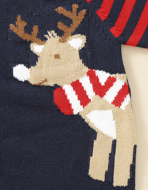 Load image into Gallery viewer, Baby Cartoon Elk Graphic Side Striped Sleeve Knitted Romper by MyKids-USA™
