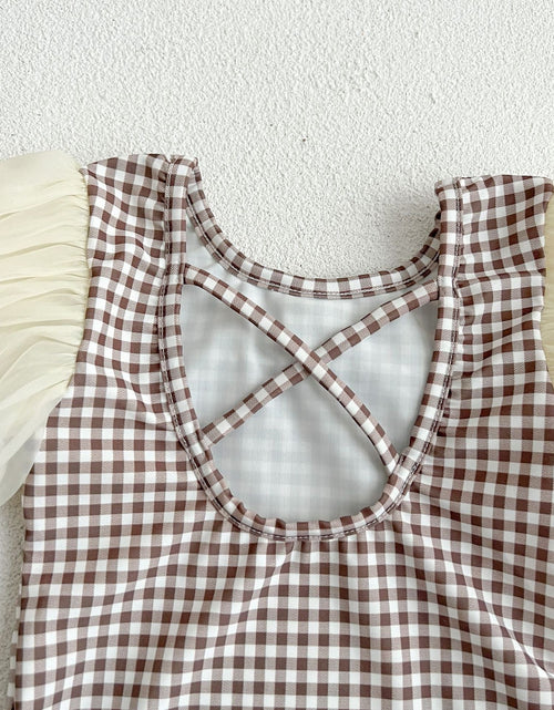 Load image into Gallery viewer, Baby Girl Plaid Pattern Mesh Sleeves Patchwork Swimwear With Hats by MyKids-USA™
