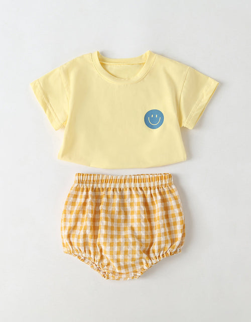 Load image into Gallery viewer, Baby Smiley Print Pattern Solid Tee Combo Plaid Pattern Triangle Shorts Sets by MyKids-USA™
