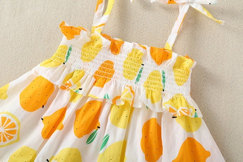 Load image into Gallery viewer, Baby Girl Lemon Fruit Print Sleeveless Dress Combo Short Pants In Sets by MyKids-USA™
