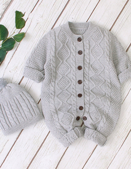 Load image into Gallery viewer, Baby Baby Cable Knitted Pattern Button Front Design Long Sleeve Warm Rompers &amp; Hat by MyKids-USA™
