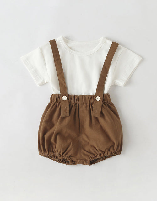 Load image into Gallery viewer, Baby Girl Solid Color Tee Combo Denim Strap Shorts 1-Piece Sets by MyKids-USA™

