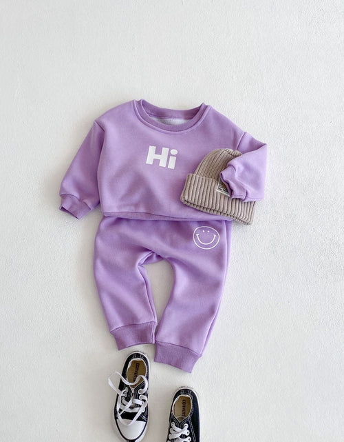 Load image into Gallery viewer, Baby Slogan Graphic Longsleeve Hoodie Combo Smiley Print Trousers Sets by MyKids-USA™
