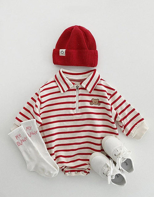 Load image into Gallery viewer, Baby Striped &amp; Cartoon Patched Graphic Polo Neck Long Sleeves Bodysuit Onesies by MyKids-USA™
