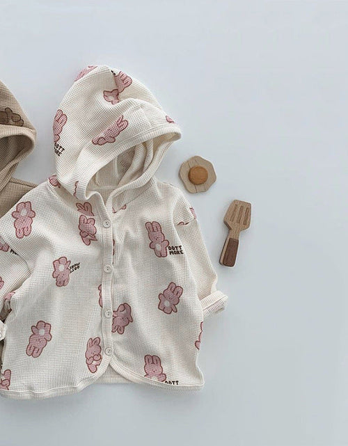 Load image into Gallery viewer, Baby Waffle Fabric Cartoon Bear Print Single Breasted Design Cardigan With Hat by MyKids-USA™
