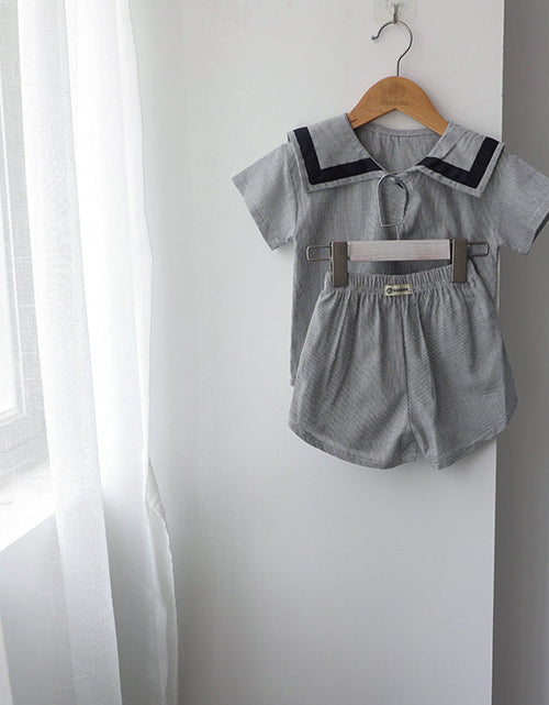 Load image into Gallery viewer, Baby Girl 1pc Contrast Tape Lapel Tops &amp; Shorts Navy Style College Sets by MyKids-USA™
