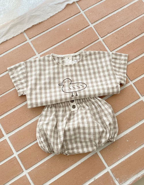 Load image into Gallery viewer, Baby Girl Plaid Polka Dot Pattern Duckling Print Short Sleeved Top Combo Pants Sets by MyKids-USA™
