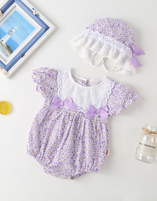 Load image into Gallery viewer, Baby Girl Floral Pattern Lace Patchwork Round Collar Short-Sleeved Colorful Cotton Onesies With Hat by MyKids-USA™
