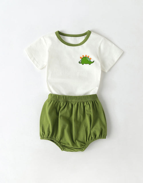 Load image into Gallery viewer, Baby Cartoon Dinosaur Pattern Contrast Neck Tee Combo Solid Shorts Sets by MyKids-USA™
