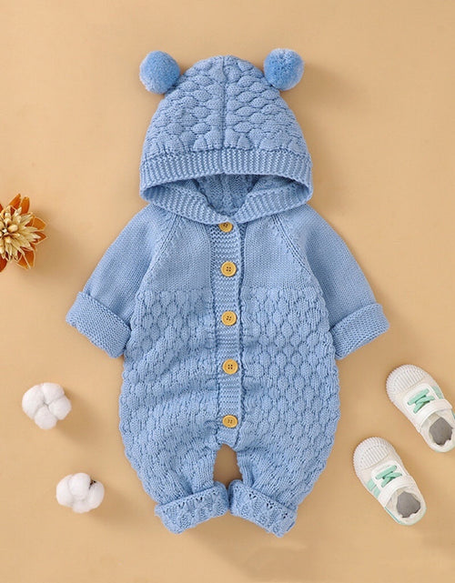 Load image into Gallery viewer, Baby 1pcs Cable Knitted Graphic Button Front Design Rompers With Hairball Patched Hat by MyKids-USA™

